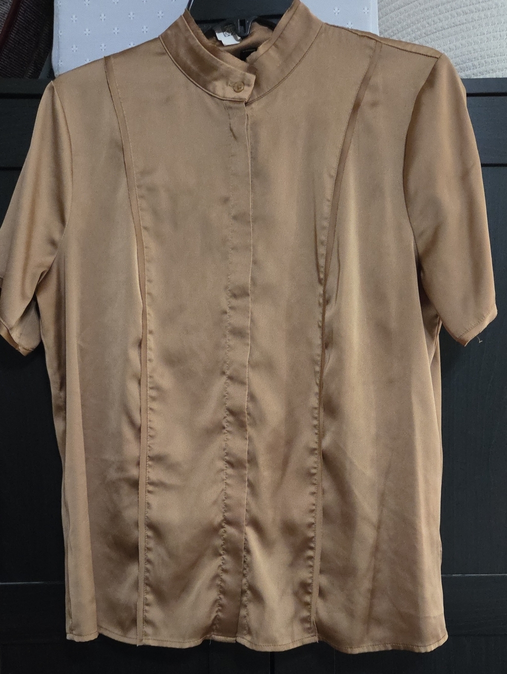 Mango Satin-Look Short Sleeve Mandarin Collar Blouse in Camel